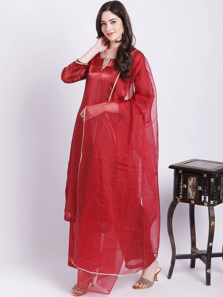 anokherang Combos Maroon Shine Organza Straight Kurti with Straight Palazzo and Organza Dupatta