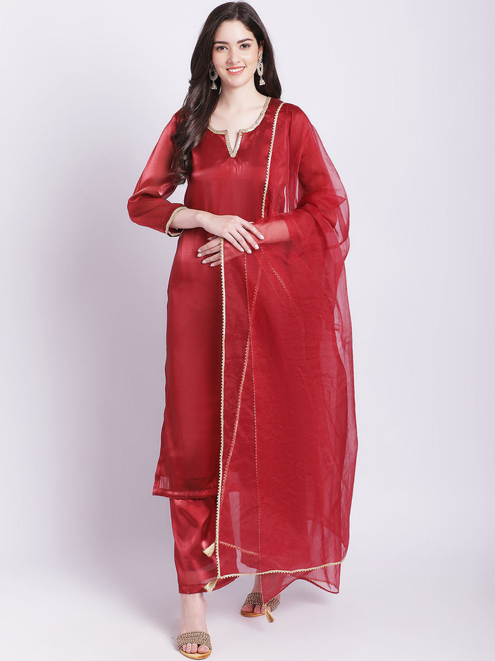 anokherang Combos Maroon Shine Organza Straight Kurti with Straight Palazzo and Organza Dupatta