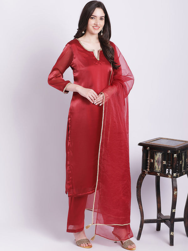 anokherang Combos Maroon Shine Organza Straight Kurti with Straight Palazzo and Organza Dupatta