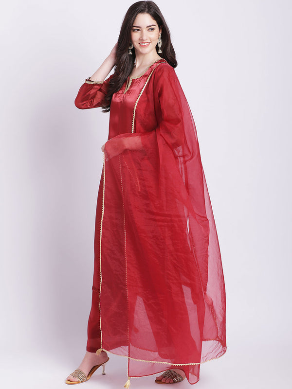 anokherang Combos Maroon Shine Organza Straight Kurti with Straight Palazzo and Organza Dupatta