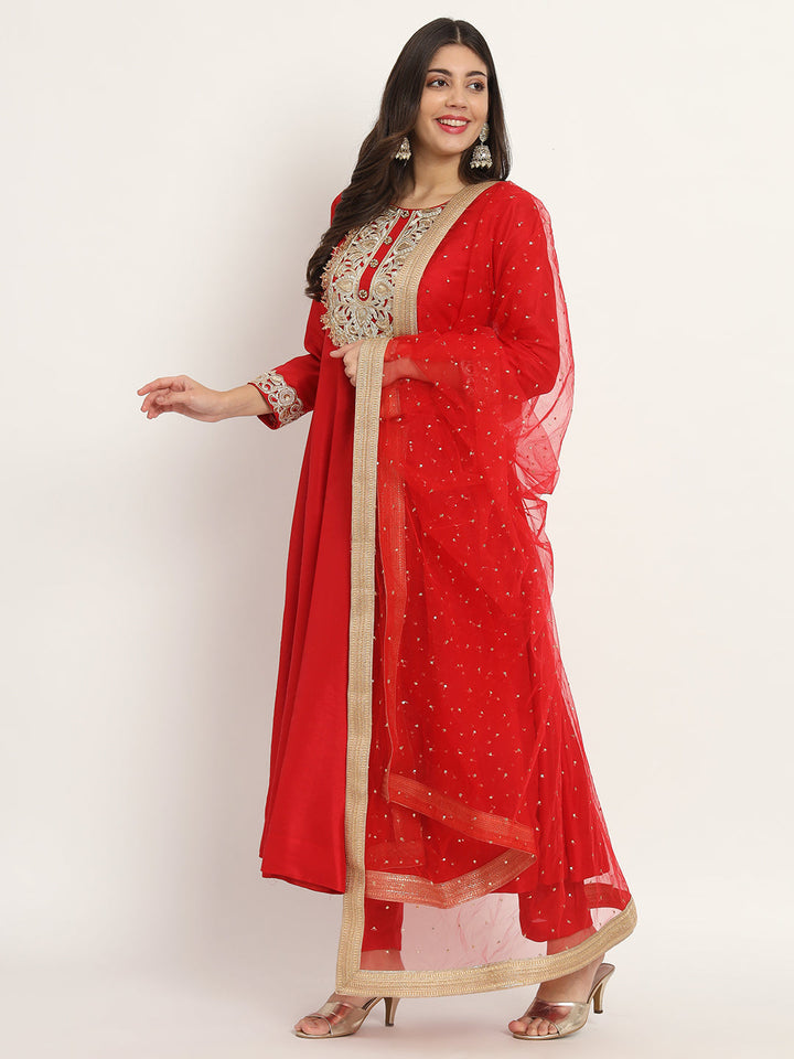 anokherang Combos Marvellous Red Embroidered Anarkali with Pants and Dupatta