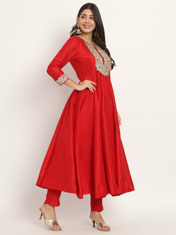 anokherang Combos Marvellous Red Embroidered Anarkali with Pants and Dupatta