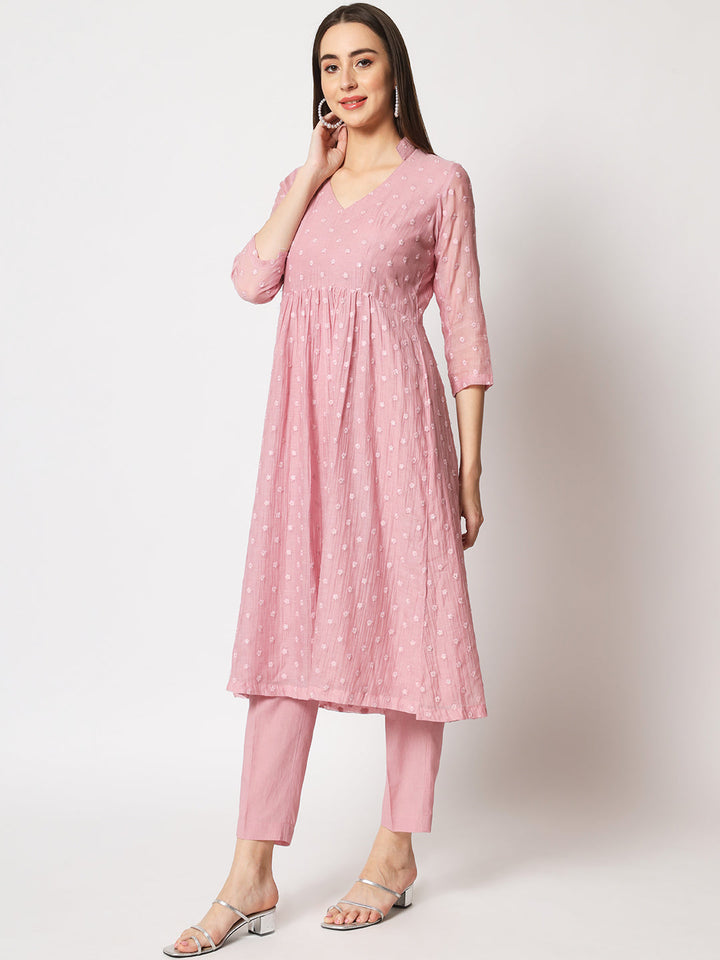 anokherang Combos Mauve Embroidered Gathered Kurti with Straight Pants