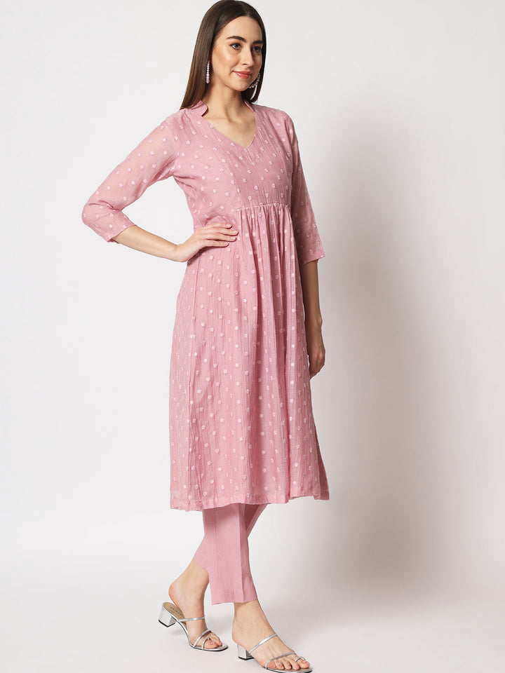 anokherang Combos Mauve Embroidered Gathered Kurti with Straight Pants