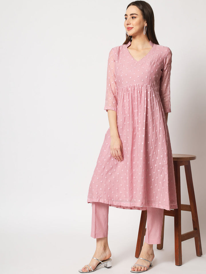 anokherang Combos Mauve Embroidered Gathered Kurti with Straight Pants