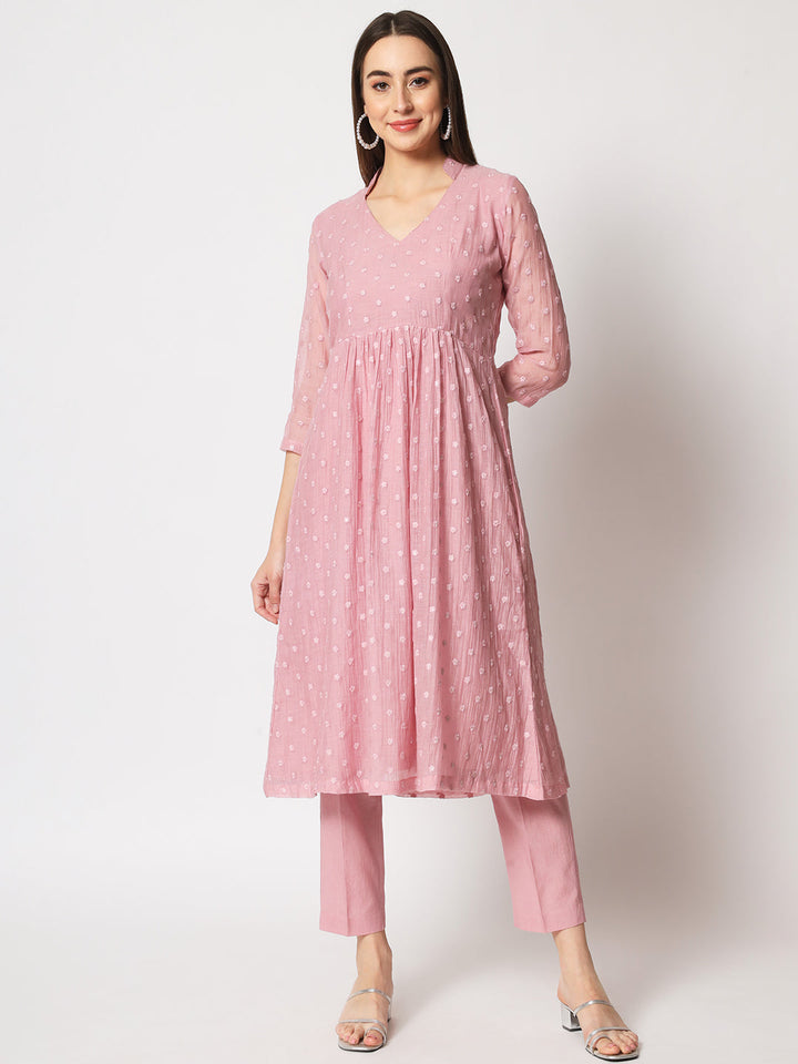 anokherang Combos Mauve Embroidered Gathered Kurti with Straight Pants