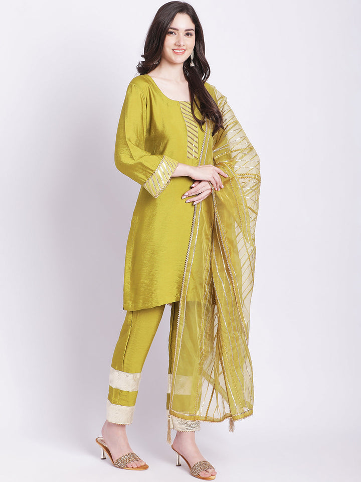 anokherang Combos Mehndi Green Gotta Work Pakistani Suit Set