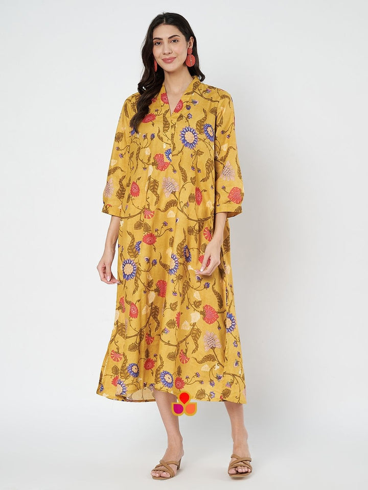 anokherang Combos Mellow Mustard Floral A-Line Dress