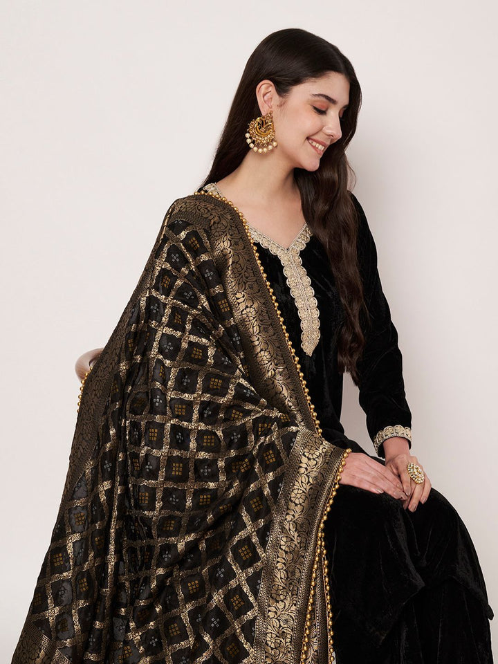 anokherang Combos Midnight Black Velvet Kurti with Straight Pants and Silk Banarsi Dupatta