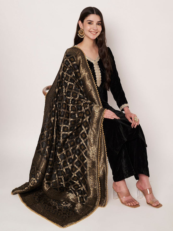 anokherang Combos Midnight Black Velvet Kurti with Straight Pants and Silk Banarsi Dupatta