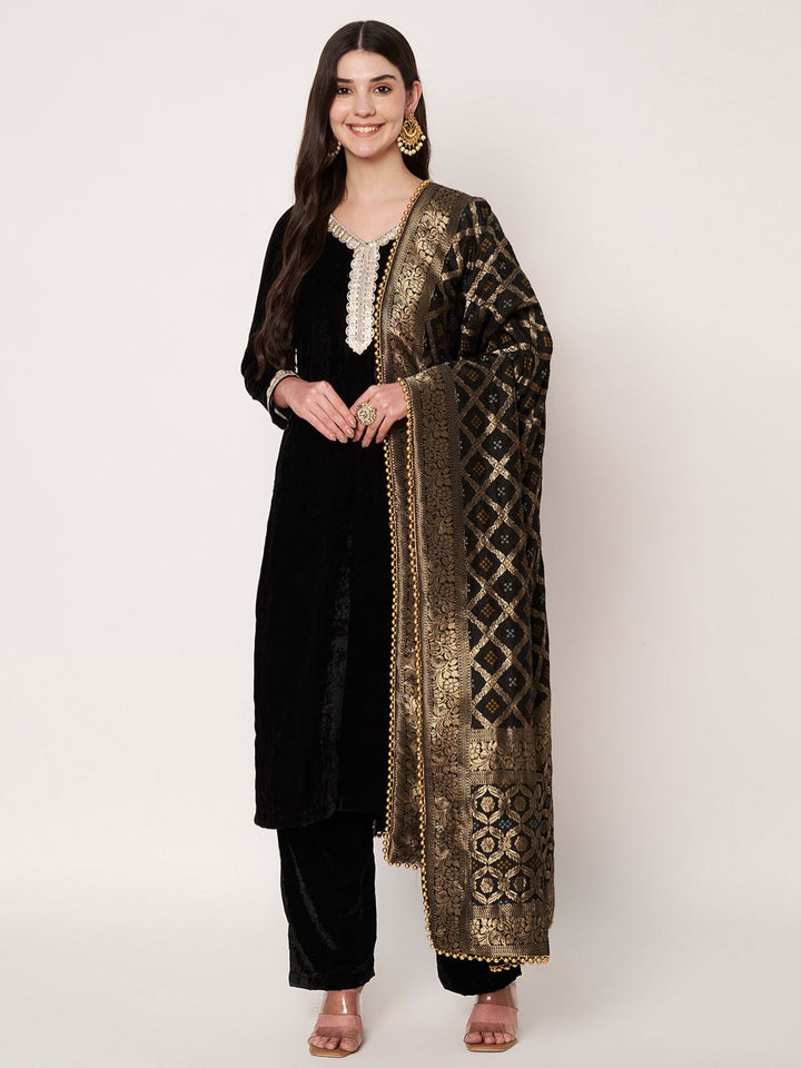anokherang Combos Midnight Black Velvet Kurti with Straight Pants and Silk Banarsi Dupatta