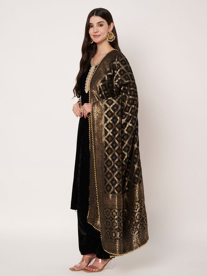 anokherang Combos Midnight Black Velvet Kurti with Straight Pants and Silk Banarsi Dupatta