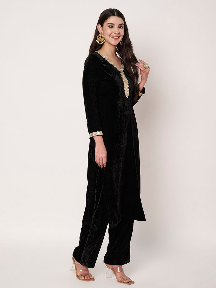 anokherang Combos Midnight Black Velvet Kurti with Straight Pants and Silk Banarsi Dupatta