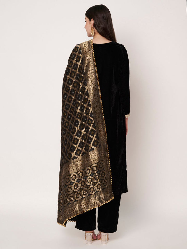 anokherang Combos Midnight Black Velvet Kurti with Straight Pants and Silk Banarsi Dupatta