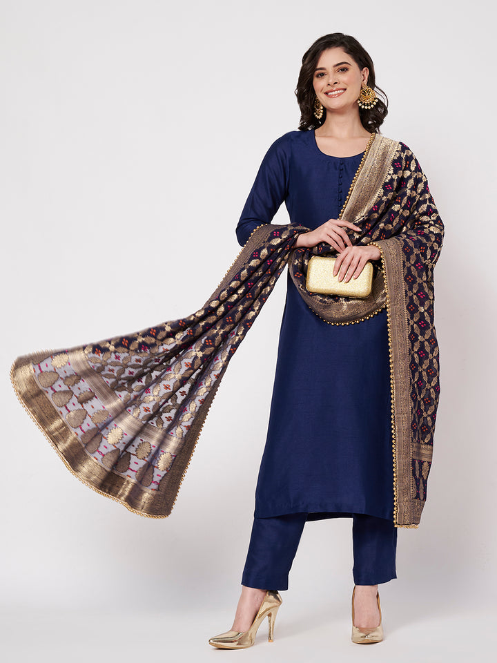anokherang Combos Midnight Blue Silk Kurti with Pants with Royale Dupatta