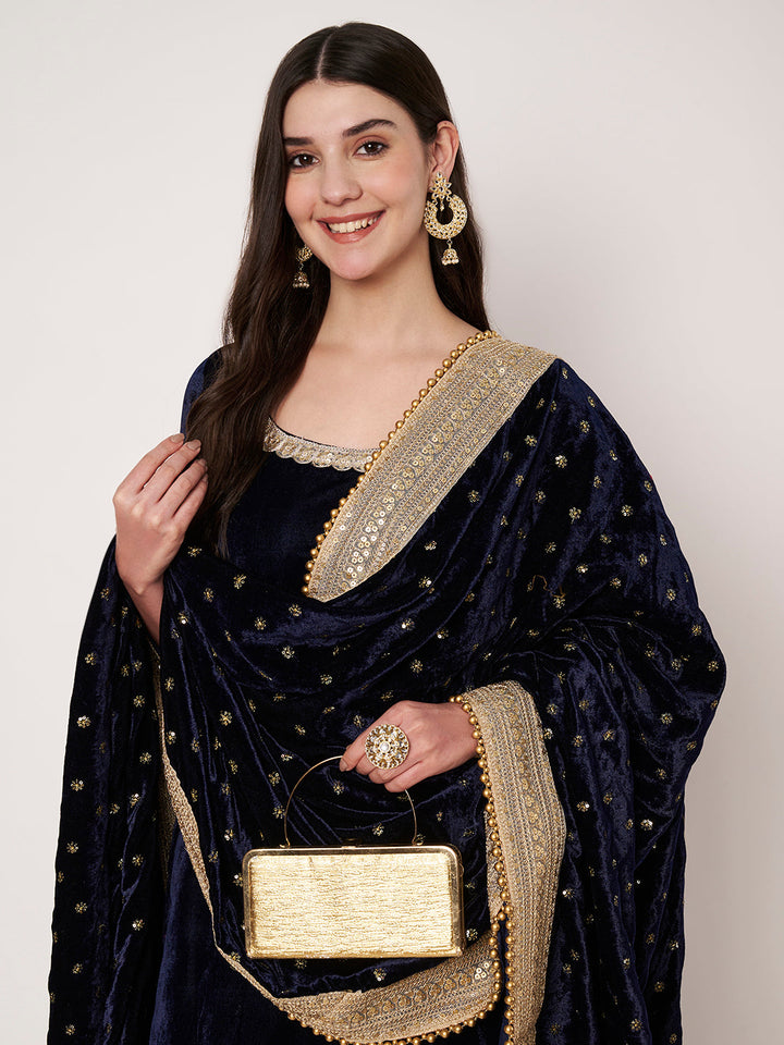 anokherang Combos Midnight Navy Blue Sequin Velvet Straight Kurti with Palazzo and Blue Embroidered Dupatta