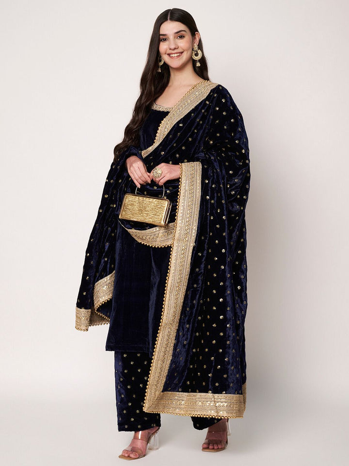 anokherang Combos Midnight Navy Blue Sequin Velvet Straight Kurti with Palazzo and Blue Embroidered Dupatta