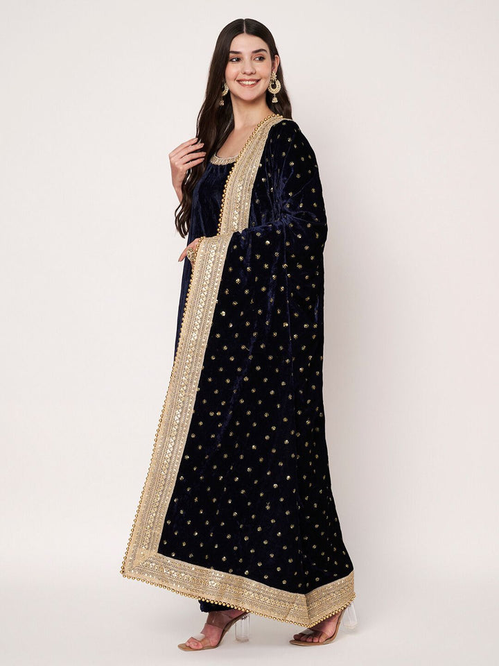 anokherang Combos Midnight Navy Blue Sequin Velvet Straight Kurti with Palazzo and Blue Embroidered Dupatta