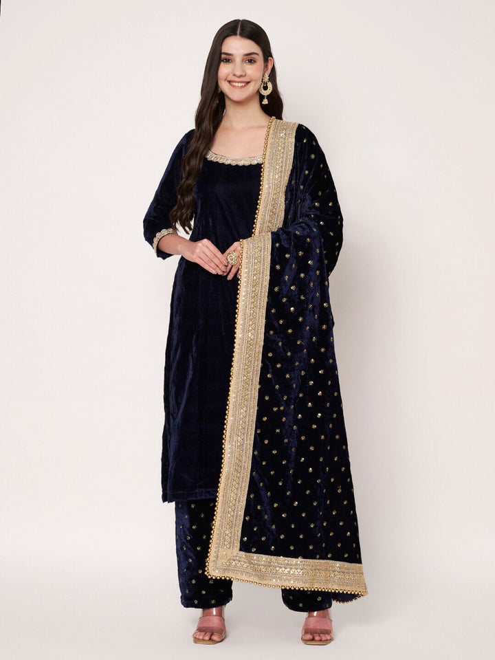 anokherang Combos Midnight Navy Blue Sequin Velvet Straight Kurti with Palazzo and Blue Embroidered Dupatta