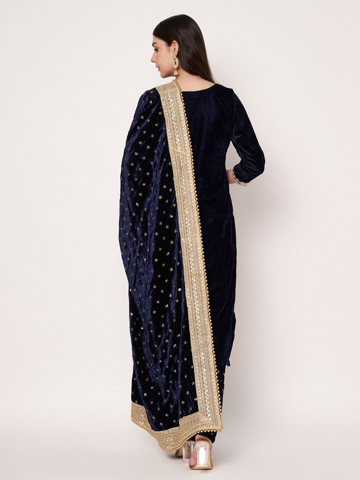 anokherang Combos Midnight Navy Blue Sequin Velvet Straight Kurti with Palazzo and Blue Embroidered Dupatta