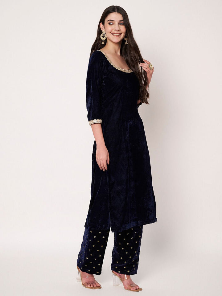 anokherang Combos Midnight Navy Blue Sequin Velvet Straight Kurti with Palazzo and Blue Embroidered Dupatta