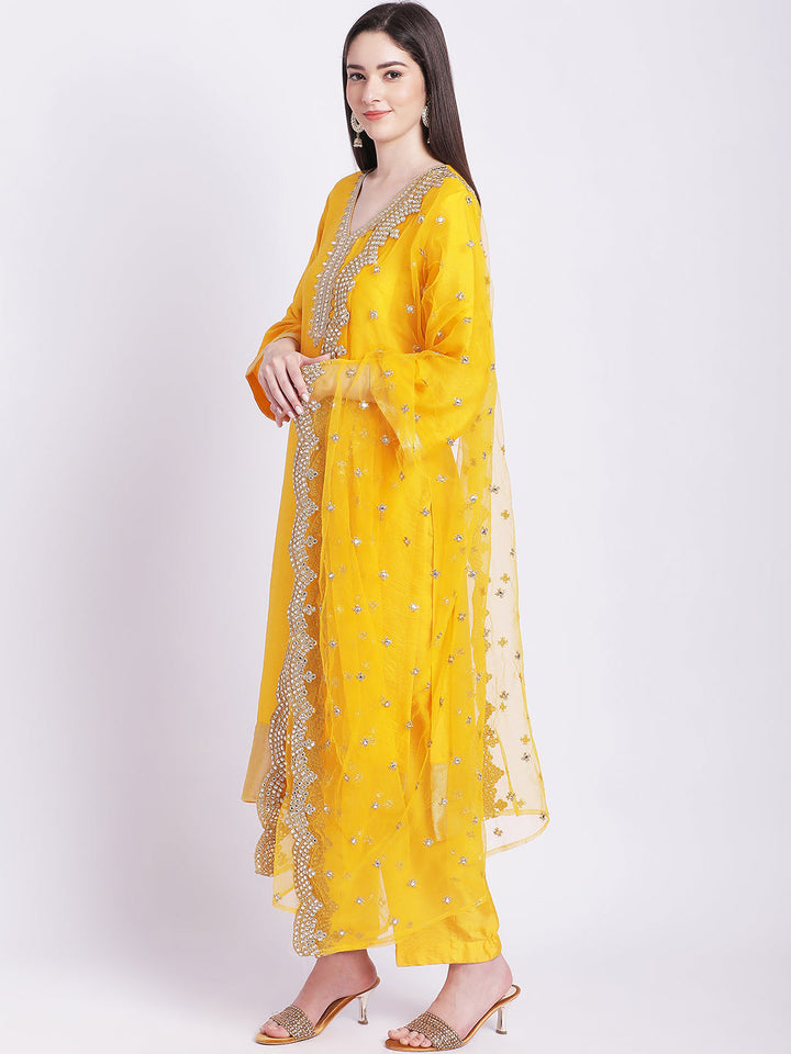 anokherang Combos Mustard Banarsi Straight Kurti with Pants and Dupatta