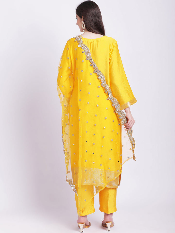 anokherang Combos Mustard Banarsi Straight Kurti with Pants and Dupatta