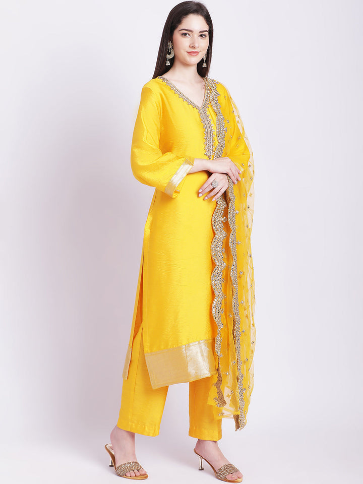 anokherang Combos Mustard Banarsi Straight Kurti with Pants and Dupatta