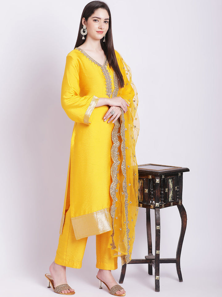 anokherang Combos Mustard Banarsi Straight Kurti with Pants and Dupatta