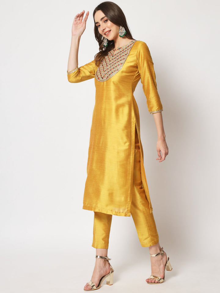 anokherang Combos Mustard Embroidered Straight Kurti with Straight Pants