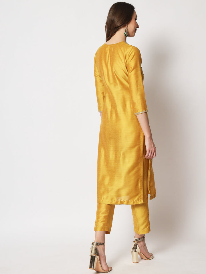 anokherang Combos Mustard Embroidered Straight Kurti with Straight Pants