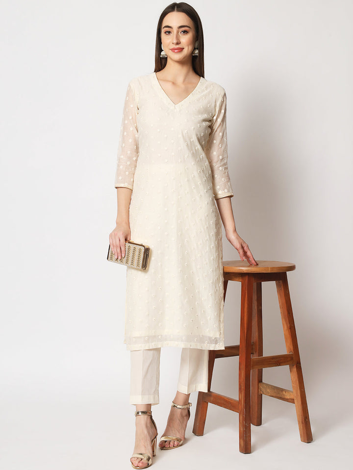 anokherang Combos Noor Ivory Embroidered Straight Kurti with Straight Pants
