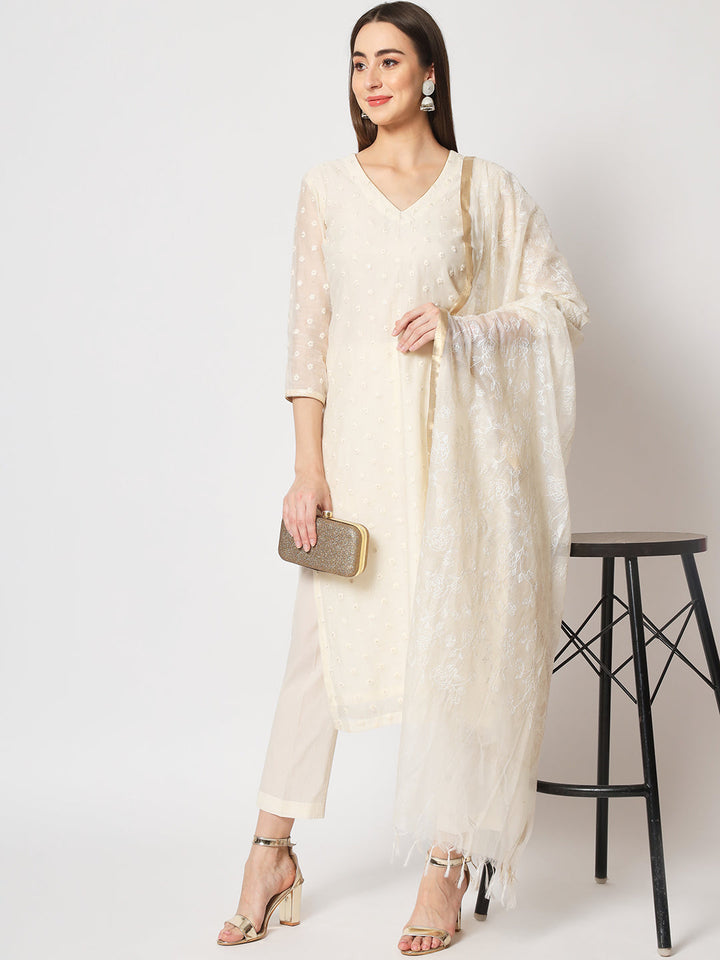 anokherang Combos Noor Ivory Embroidered Straight Kurti with Straight Pants and Embroidered Dupatta
