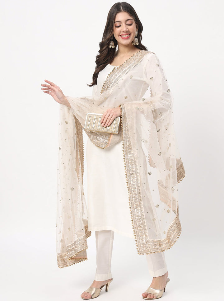 anokherang Combos Noor Ivory Straight Kurti with Straight Pants and Embroidered Net Dupatta