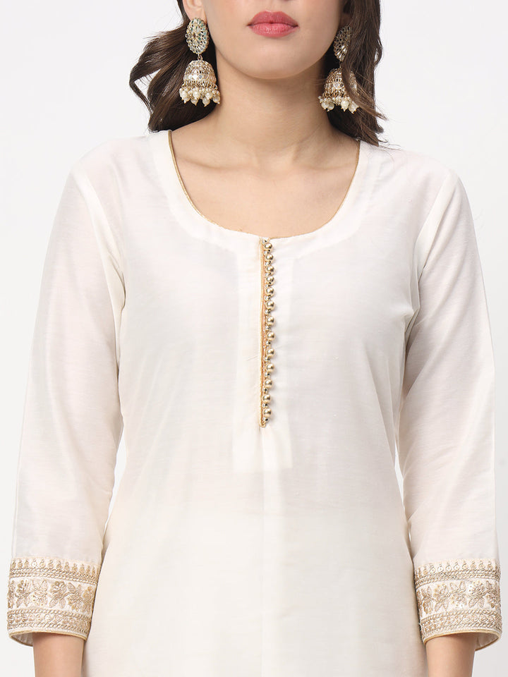 anokherang Combos Noor Ivory Straight Kurti with Straight Pants and Embroidered Net Dupatta