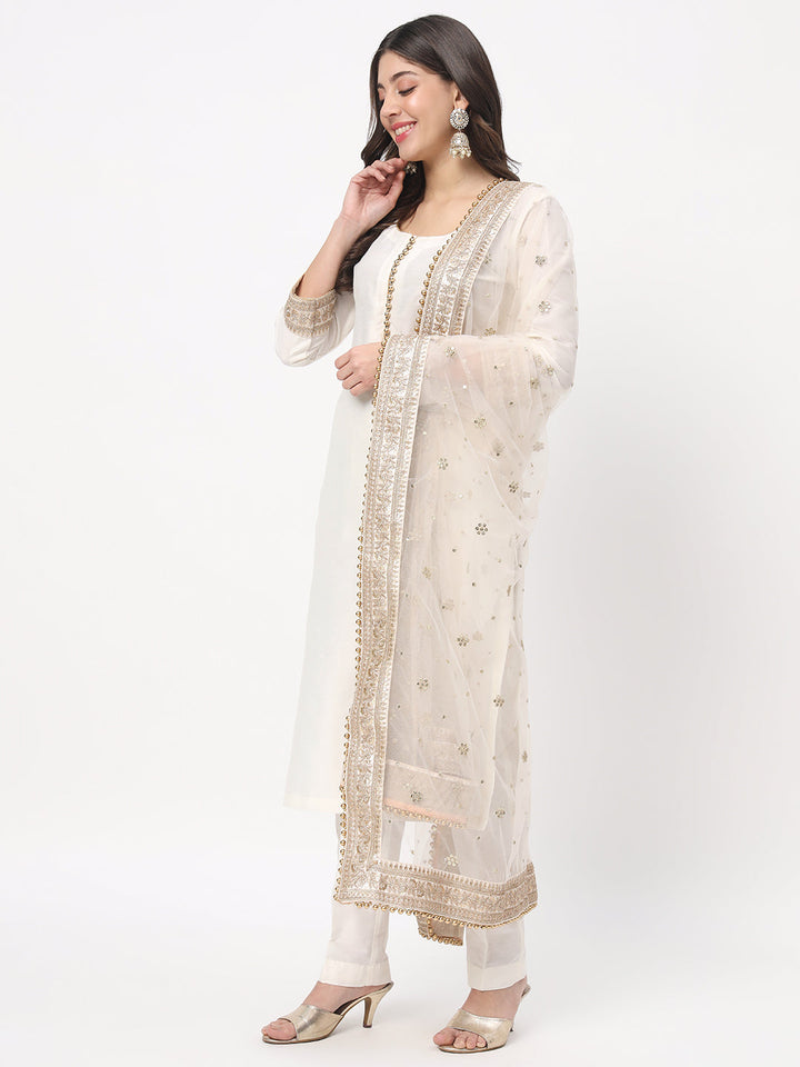 anokherang Combos Noor Ivory Straight Kurti with Straight Pants and Embroidered Net Dupatta