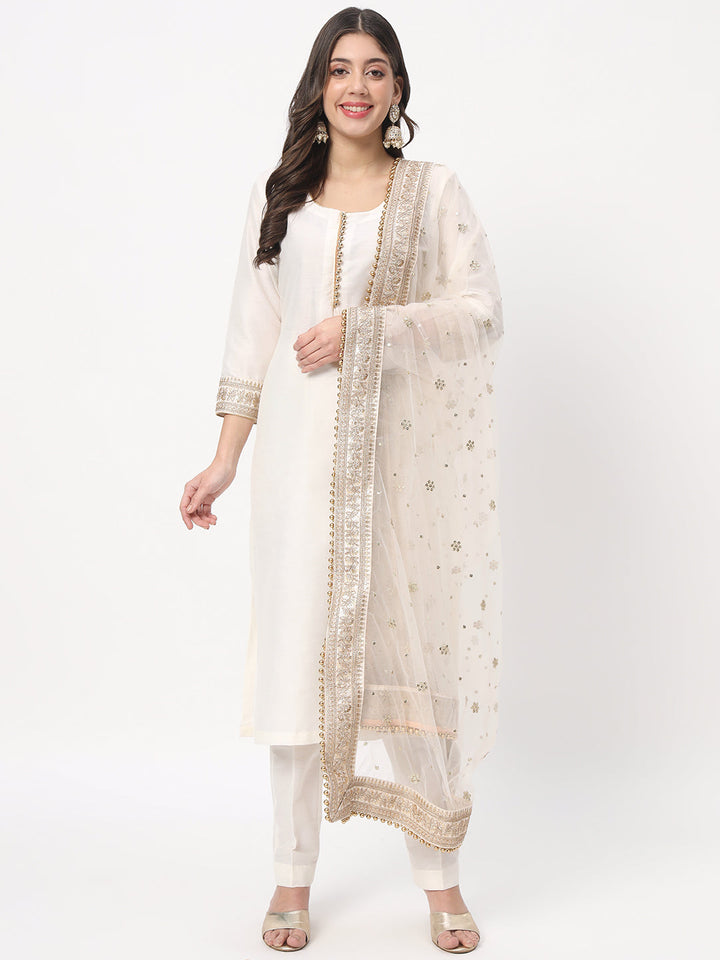 anokherang Combos Noor Ivory Straight Kurti with Straight Pants and Embroidered Net Dupatta