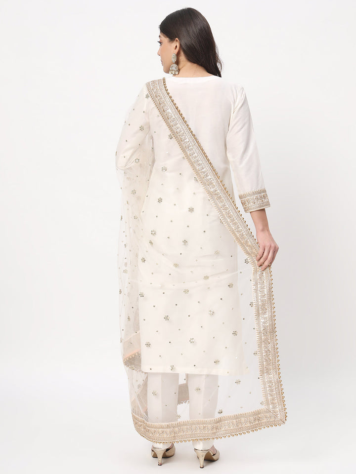 anokherang Combos Noor Ivory Straight Kurti with Straight Pants and Embroidered Net Dupatta