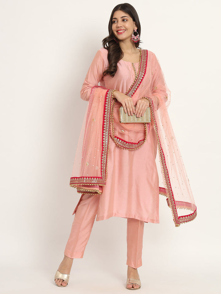 anokherang Combos Noor Peach Silk Kurti with Pants and Peach Magenta Dupatta