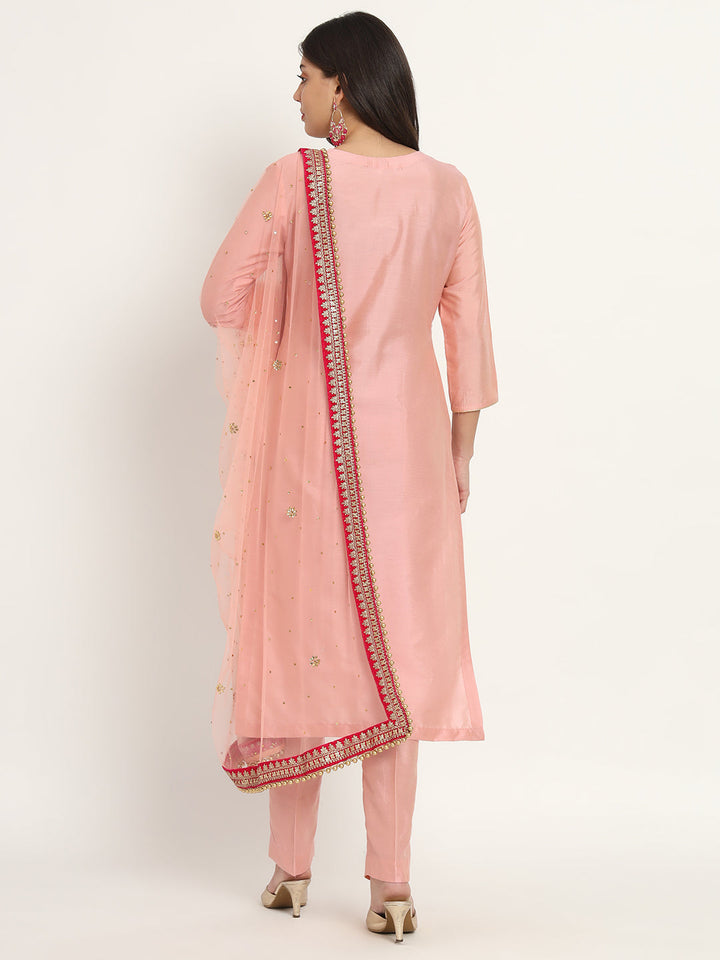 anokherang Combos Noor Peach Silk Kurti with Pants and Peach Magenta Dupatta