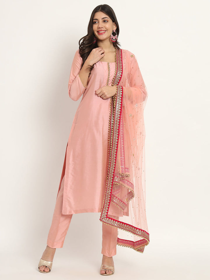 anokherang Combos Noor Peach Silk Kurti with Pants and Peach Magenta Dupatta