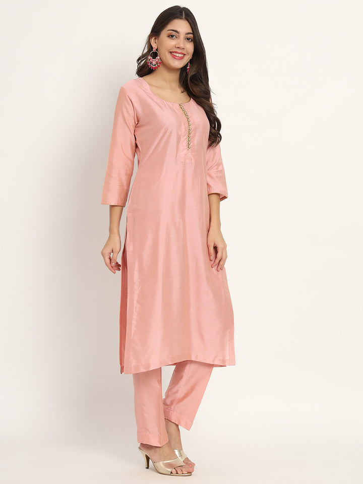 anokherang Combos Noor Peach Silk Kurti with Pants and Peach Magenta Dupatta