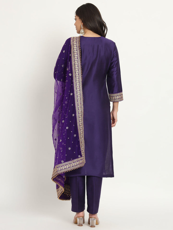 anokherang Combos Noor Purple Silk Kurti with Pants and Dupatta