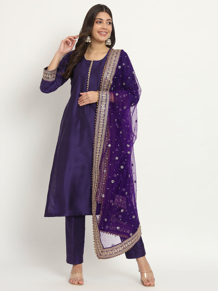 anokherang Combos Noor Purple Silk Kurti with Pants and Dupatta