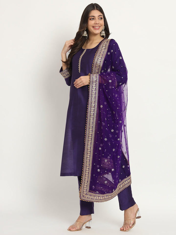anokherang Combos Noor Purple Silk Kurti with Pants and Dupatta