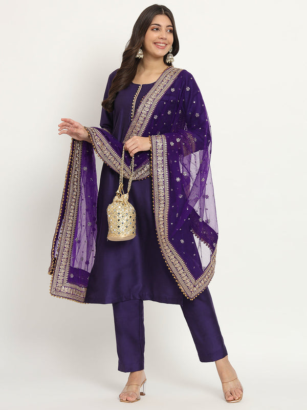 anokherang Combos Noor Purple Silk Kurti with Pants and Dupatta