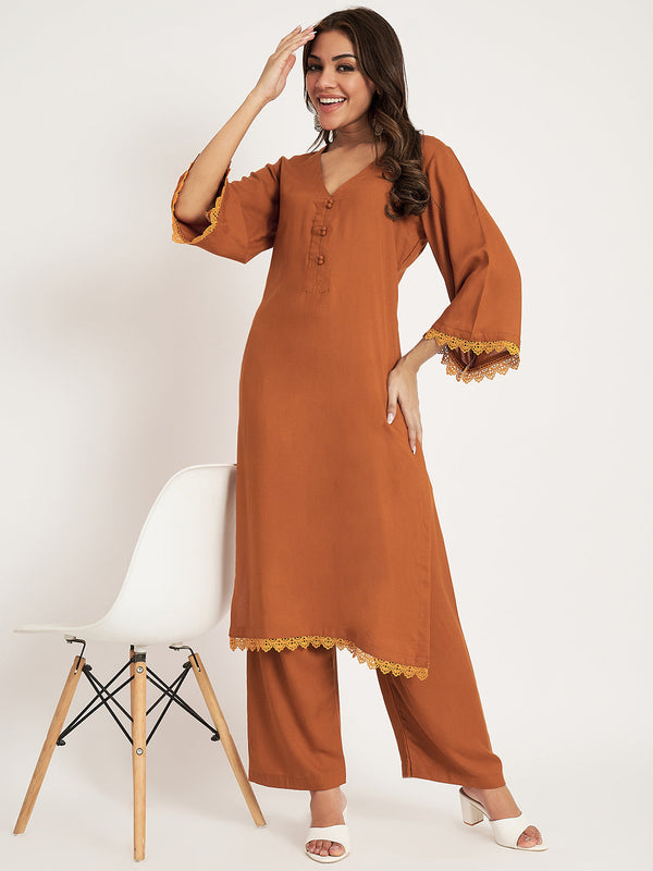 anokherang Combos Ochre Orange Straight Kurtii with Straight Palazzzo