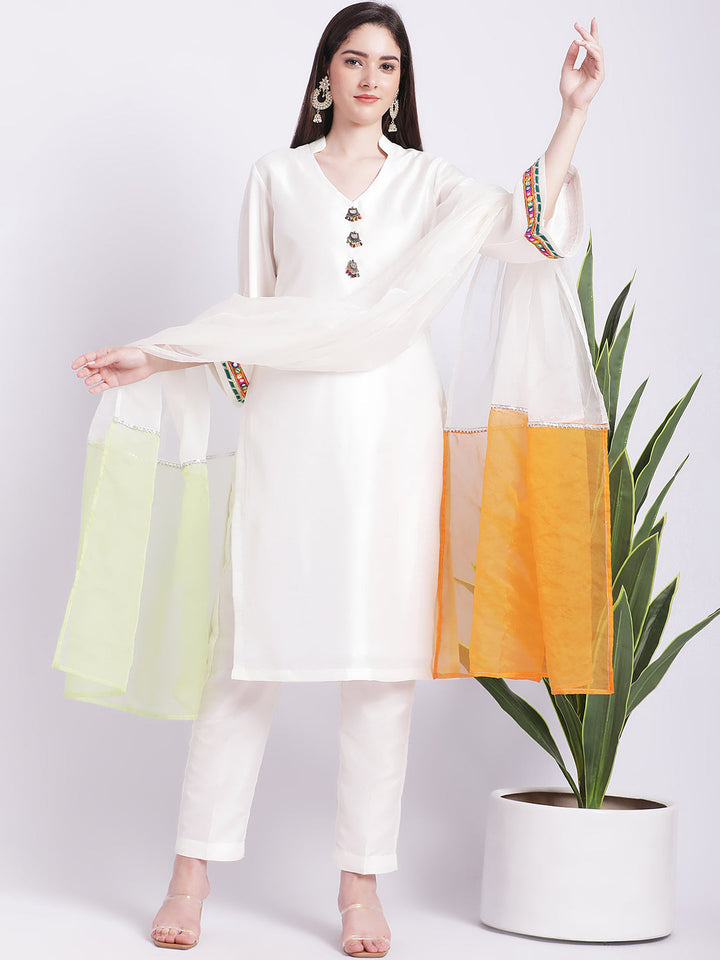 anokherang Combos Off-White Kurti with Straight Pants and Tricolour Dupatta