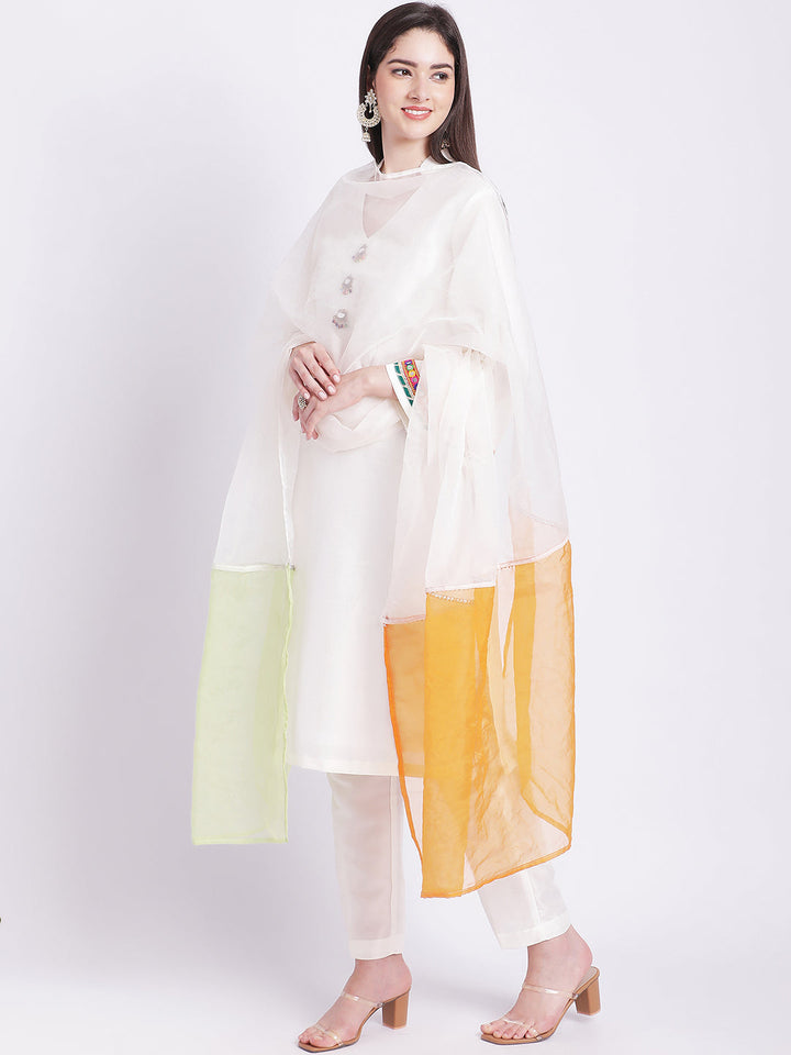 anokherang Combos Off-White Kurti with Straight Pants and Tricolour Dupatta