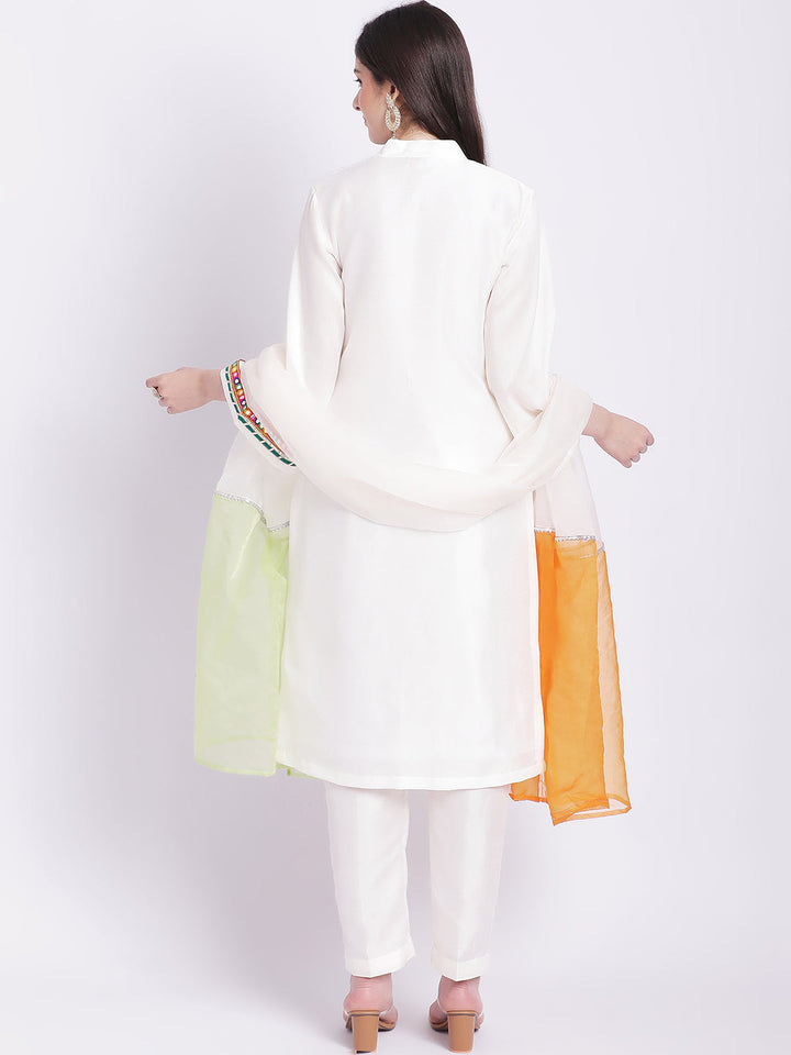 anokherang Combos Off-White Kurti with Straight Pants and Tricolour Dupatta